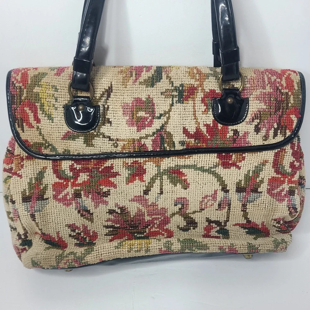 Vintage Needlepoint Floral Tapestry Satchel Handbag Double Handle Grannycore
